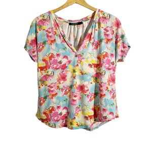 Lauren Ralph Lauren Colorful Floral Print V-Neck Top, Size Large
